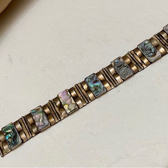 Vintage,  1940s  Silver- Abalone Alpaca Mexico Bracelet 8in x 1in - Picture 3 of 11